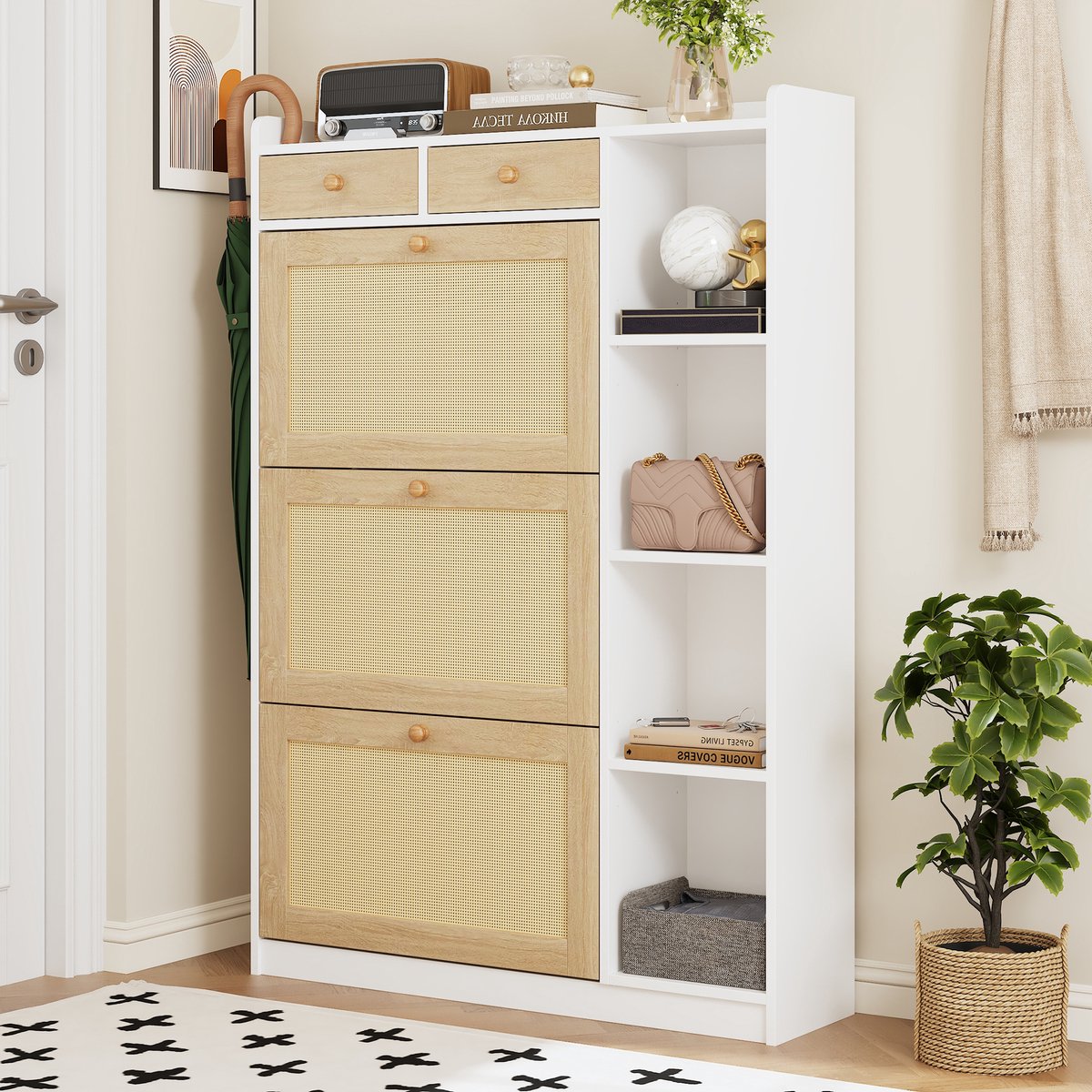 VVBV Schoenenkast 90x24x130 cm - 3 Klepvakken, Smal Ontwerp, Verstelbare Planken, Opbergruimte - Wit/Naturel, Spaanplaat
