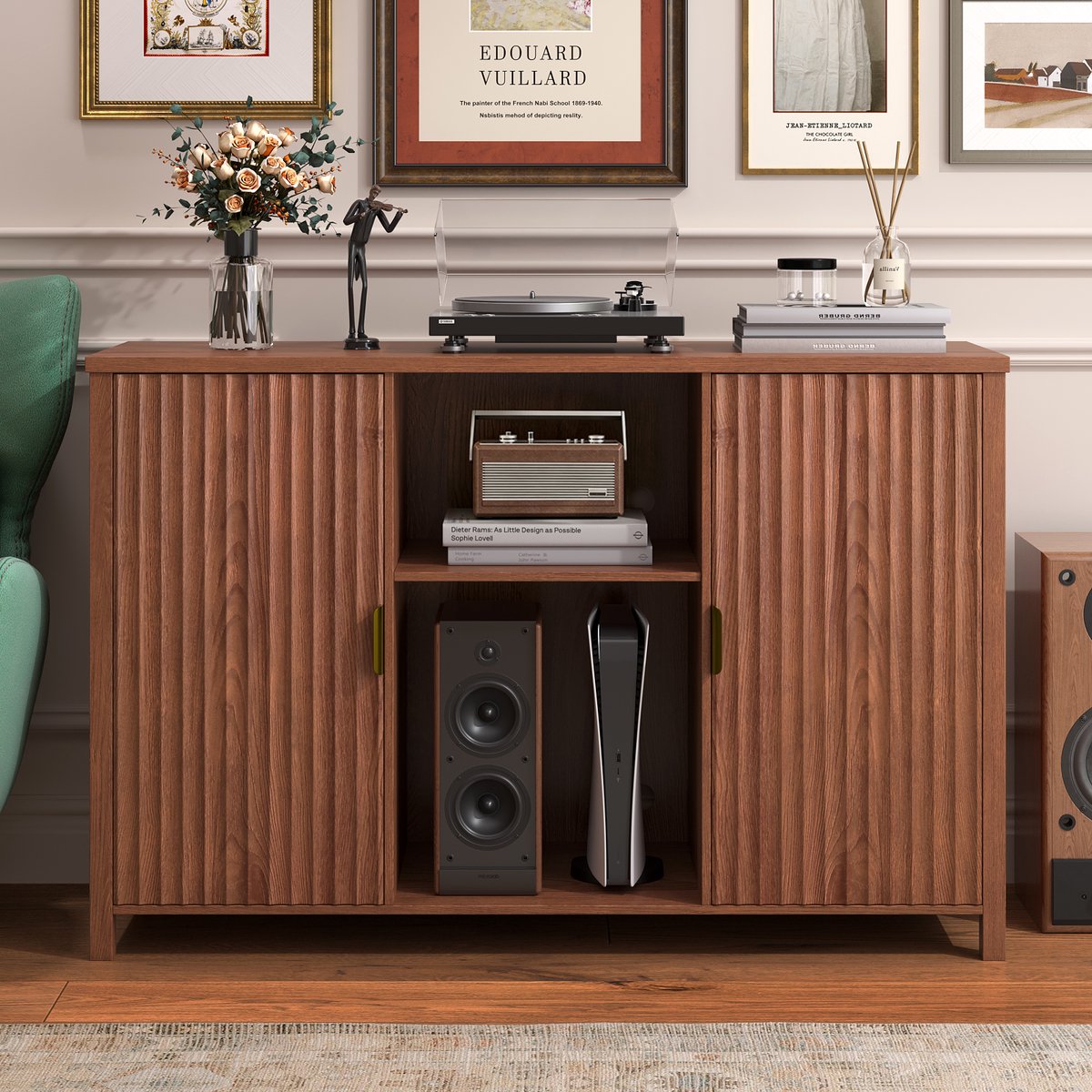 BROTTAR 47,2" platenspelermeubel bruin met geribbelde deuren, vinylplatenkast voor 7"/10"/12" LP's, 16 opbergvakken, stofvrije opberging, mid-century design voor woonkamer en muziekhoek