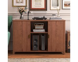 BROTTAR 47,2" platenspelermeubel bruin met geribbelde deuren, vinylplatenkast voor 7"/10"/12" LP's, 16 opbergvakken, stofvrije opberging, mid-century design voor woonkamer en muziekhoek