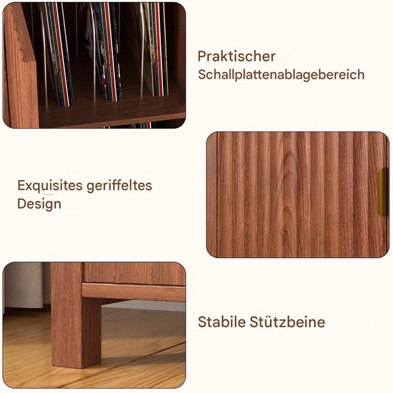 BROTTAR 47,2" platenspelermeubel bruin met geribbelde deuren, vinylplatenkast voor 7"/10"/12" LP's, 16 opbergvakken, stofvrije opberging, mid-century design voor woonkamer en muziekhoek — afbeelding 2
