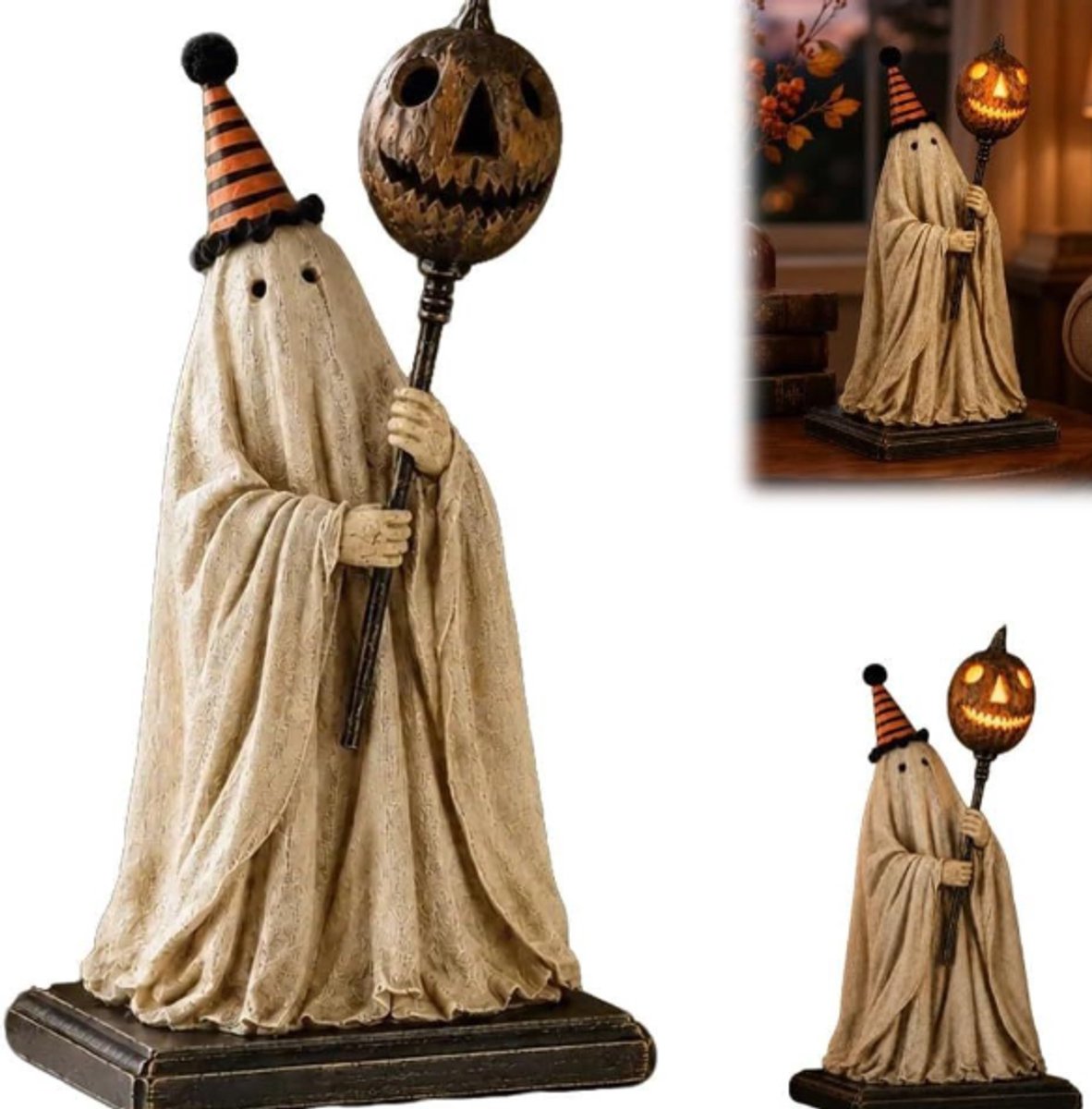 Halloween Decoratie - LED Spook Figuur met Lichtgevende Pompoen - Vintage Halloween - Tafeldecoratie Hars Beeldje voor Tafel, Kast, Schouw en Boekenplank