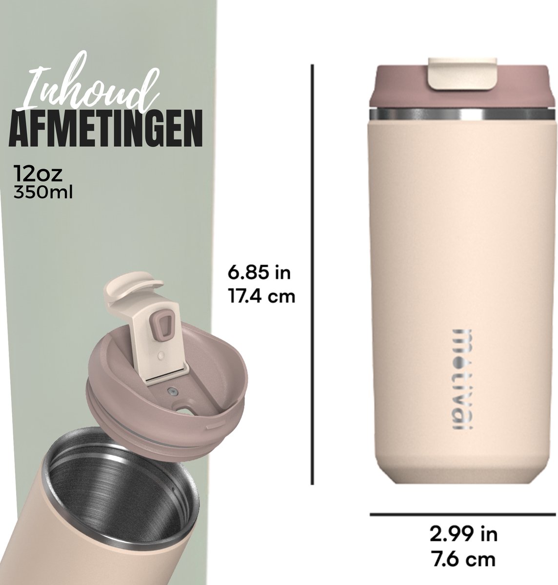 Motivai Daily Cup – Thermosbeker To Go – 350ML RVS Thermosmok – Lekvrij – Dubbelwandig Geïsoleerd – BPA-vrij & Duurzaam – Koffiebeker voor Onderweg – Beige — cadeau in Koken & Dineren - foto 6