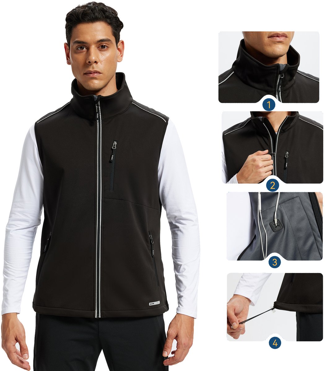 BUBW® Heren Reisvest - Fietsvest Heren - Outdoor Vest - Winddicht - Lichtgewicht Ademend - Opvouwbaar - Koelvest - Fietsvest - Strakke Pasvorm - Zwart - Maat L