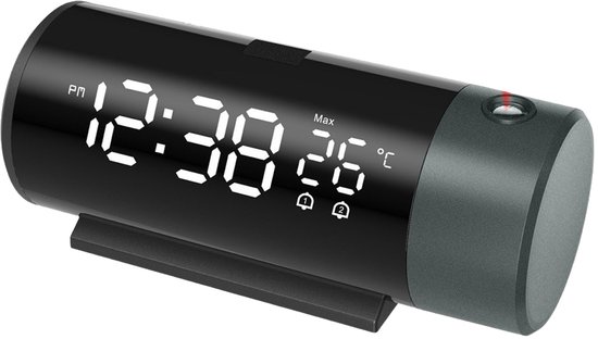 Cilindrische digitale wekker in het zwart met witte cijfers, 12:38 PM en 26 graden Celsius. Met snooze-functie en dubbel alarm.