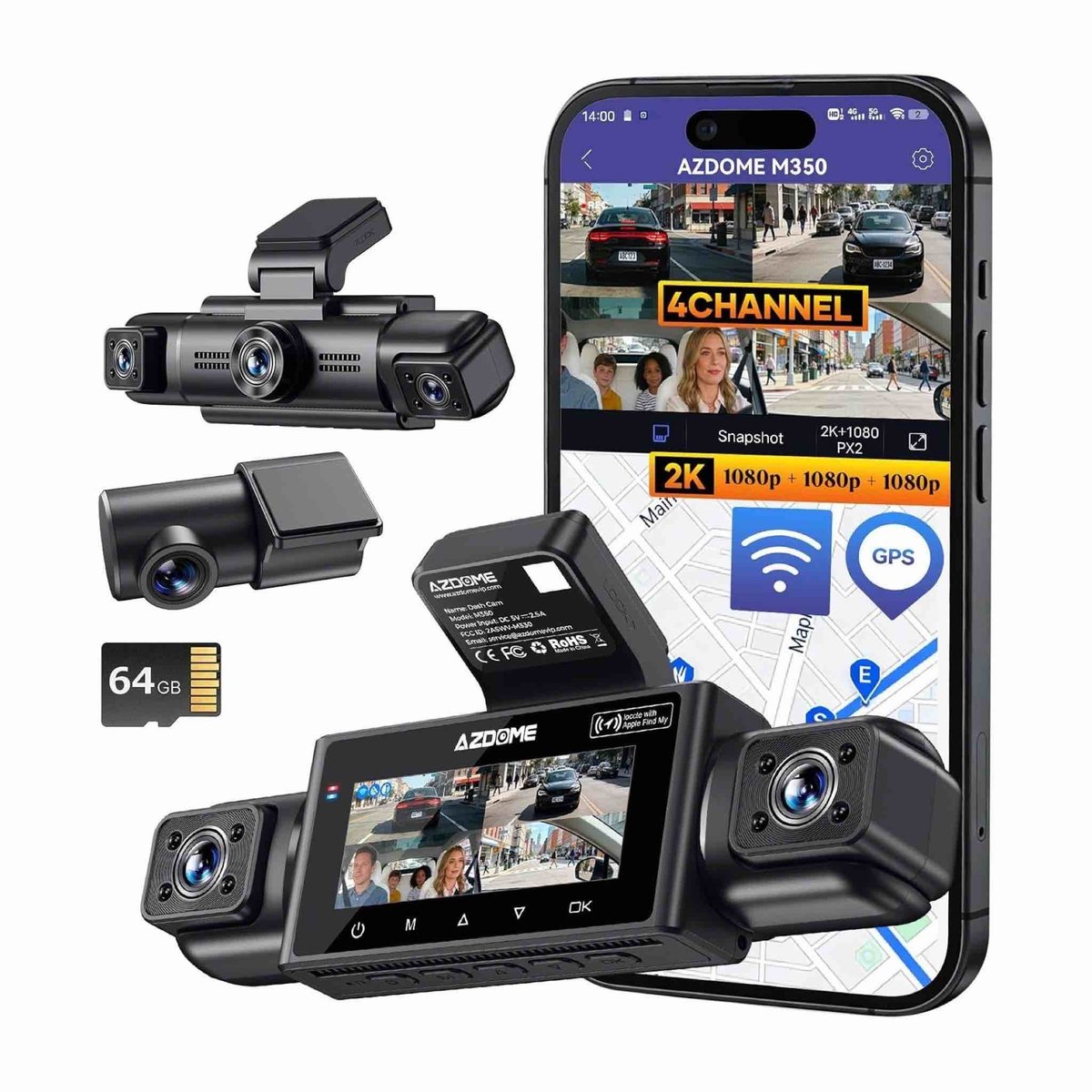 AZDome M350 4CH 360 graden dashcam voor auto - Twee interieur camera's en achtercamera - 2K + 3x Full HD resolutie - Wifi en GPS - Night vision - Parkeerbeveiliging - 64gb Micro SD kaart - 3,0 inch LCD scherm - 170 + 170 + 150 + 150 graden kijkhoek