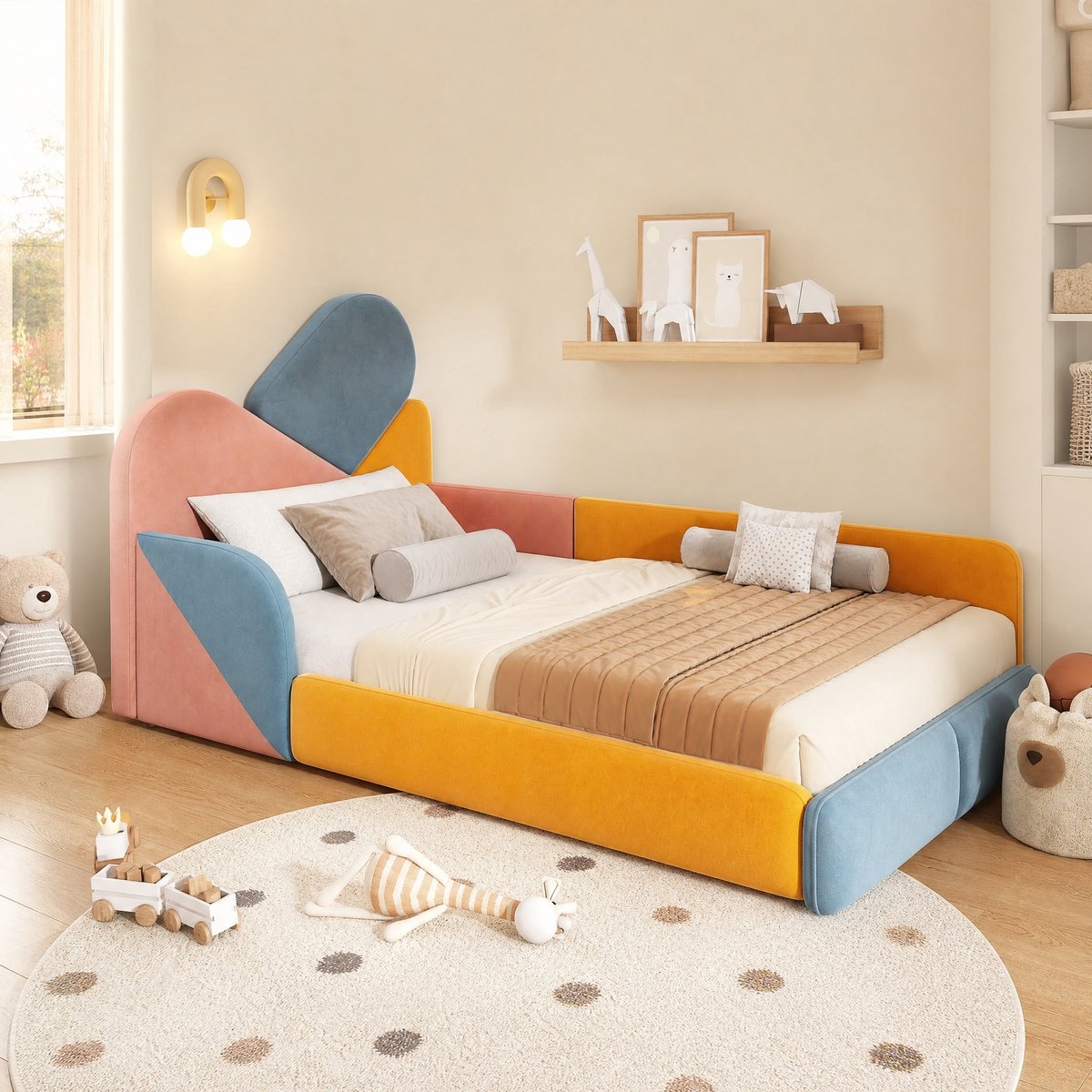 DESMIU Kinderbed 90x200 cm - Verhoogde Zijkanten En Zacht Hoofdeinde - Veilig Slaapcomfort Voor Kinderkamer - Velours - Blauw Roze Geel - Zonder Matras