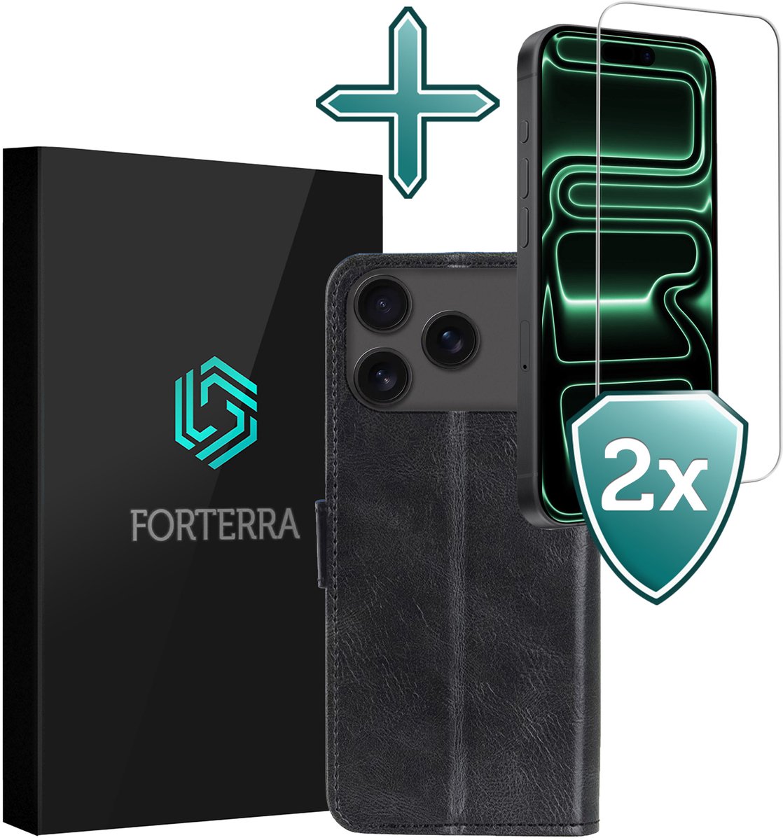 Hoesje Met 2x Screenprotector - Geschikt voor Apple iPhone 18 Pro - Luxe Pasjeshouder - Flip Case - Bookcase Portemonee - Kunstleer Book Case - Flipcase Hoes - Book Cover - Walletcase - Portemonneehoes - Zwart