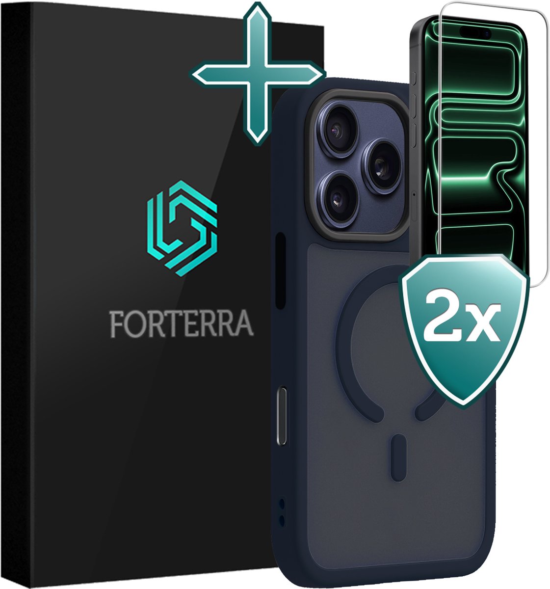 Hoesje Met 2x Screenprotector - Geschikt voor Apple iPhone 18 Pro - Magsafe Compatible - Sterk & Shockproof - Shock Proof Case - Back Cover - Telefoon Hoes - Donkerblauw