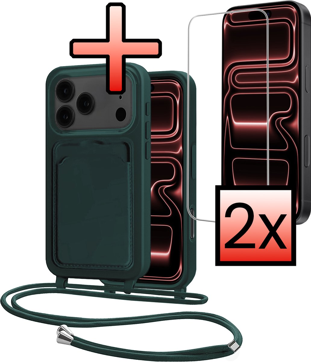 Hoes Geschikt voor iPhone 18 Pro Max Met Telefoonkoord Met 2x Screenprotector - Siliconen Hoesje Backcover Met Ketting - Donkergroen