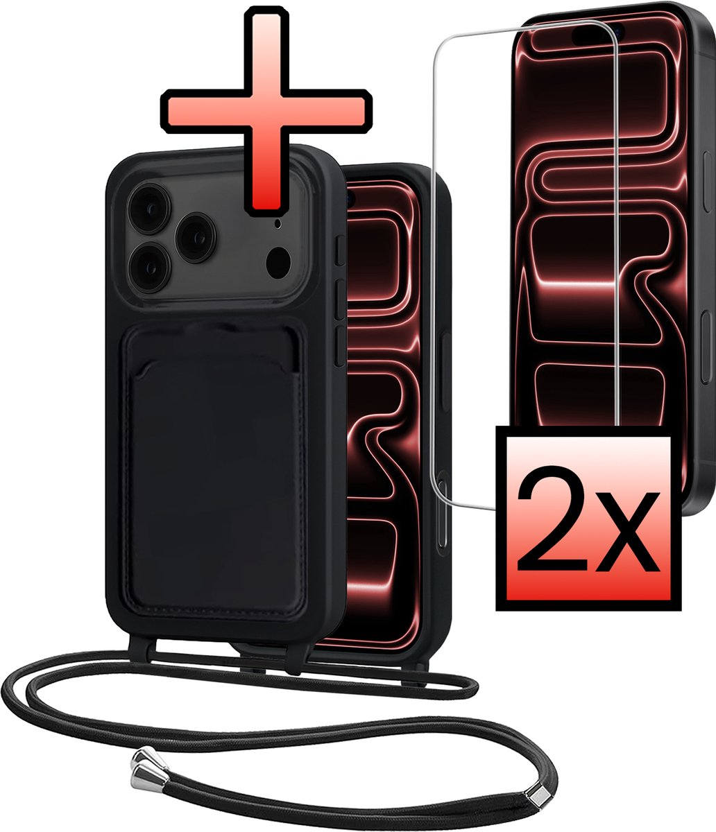 Hoes Geschikt voor iPhone 18 Pro Max Met Telefoonkoord Met 2x Screenprotector - Siliconen Hoesje Backcover Met Ketting - Zwart