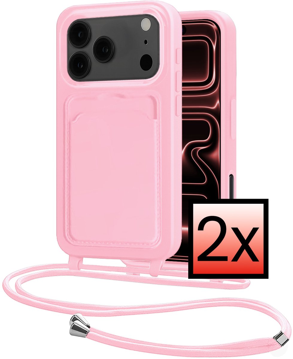 Hoes Geschikt voor iPhone 18 Pro Met Telefoonkoord - Siliconen Hoesje Backcover Met Ketting - Lichtroze - 2 PACK