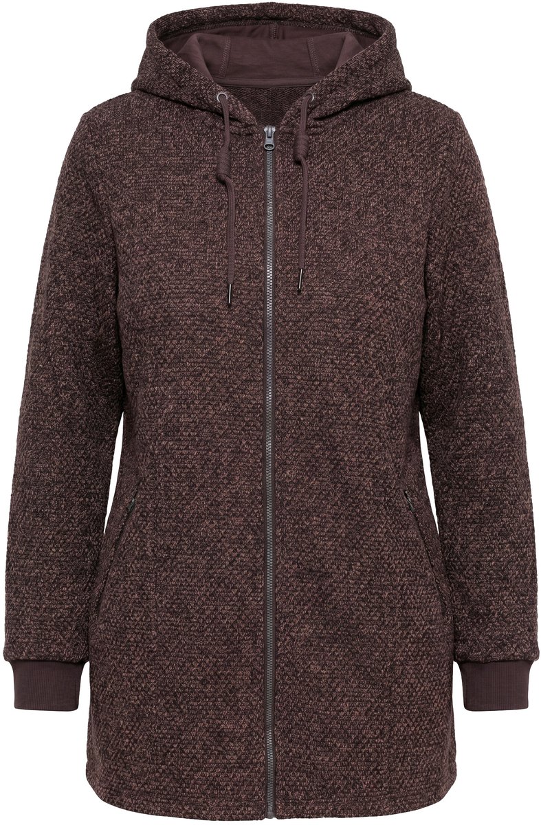Ulla Popken - Dames - Gebreid fleece jas tekst capuchon lange mouwen - Mahonie - Maat 46+