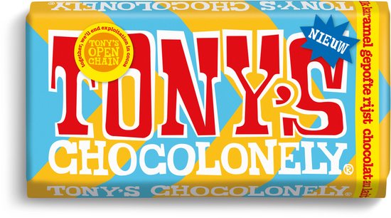 Tony's Chocolonely verpakking met blauwe en gele banen, rode letters 'TONY'S CHOCOLONELY' en 'NIEUW'. Melk karamel gepofte rijst.