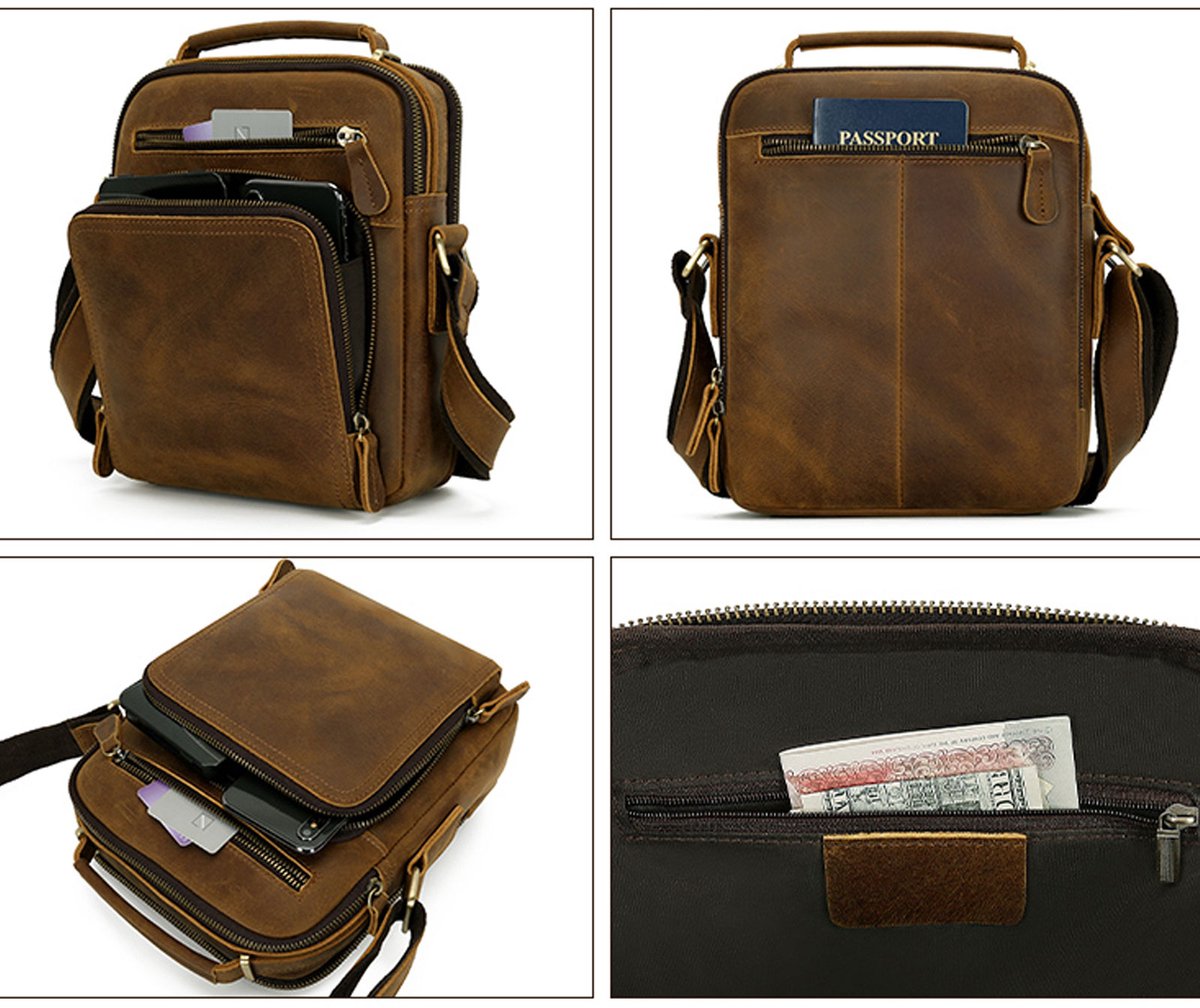 COVREO Heren rugzak 30x23x10 cm khaki leer, laptopvak en meerdere vakken