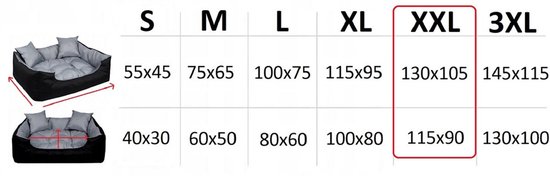 Maattabel voor hondenbedden: S tot 3XL. XXL maat is 130x105 cm buitenmaat, 115x90 cm binnenmaat.