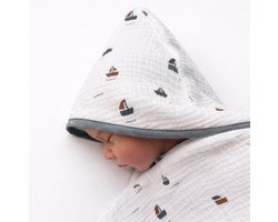 Studio BooBoo - Baby Badhanddoek met Kap - Hydrofiel/Badstof - Bootjes Print - Perfect voor Bad en Zwemmen