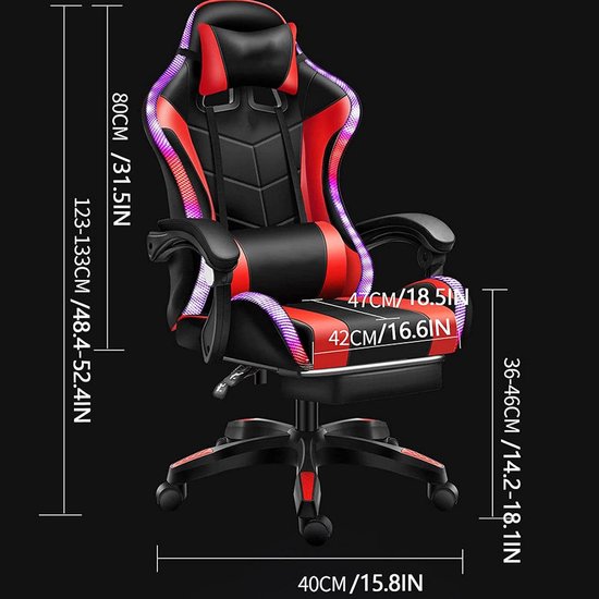Gaming Chair with Speakers and LED Lighting, Video Chair with 7-Point Massage and Footrest Ergonomic PU Leather Office - ShopVlot — afbeelding 3