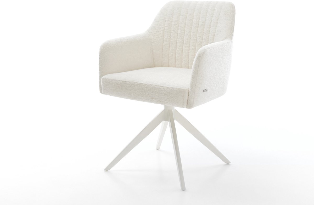Eetkamerstoel Greg-Flex kruisframe breed wit bouclé zacht beige 360° draaibaar rocker-functie pocketveer kern