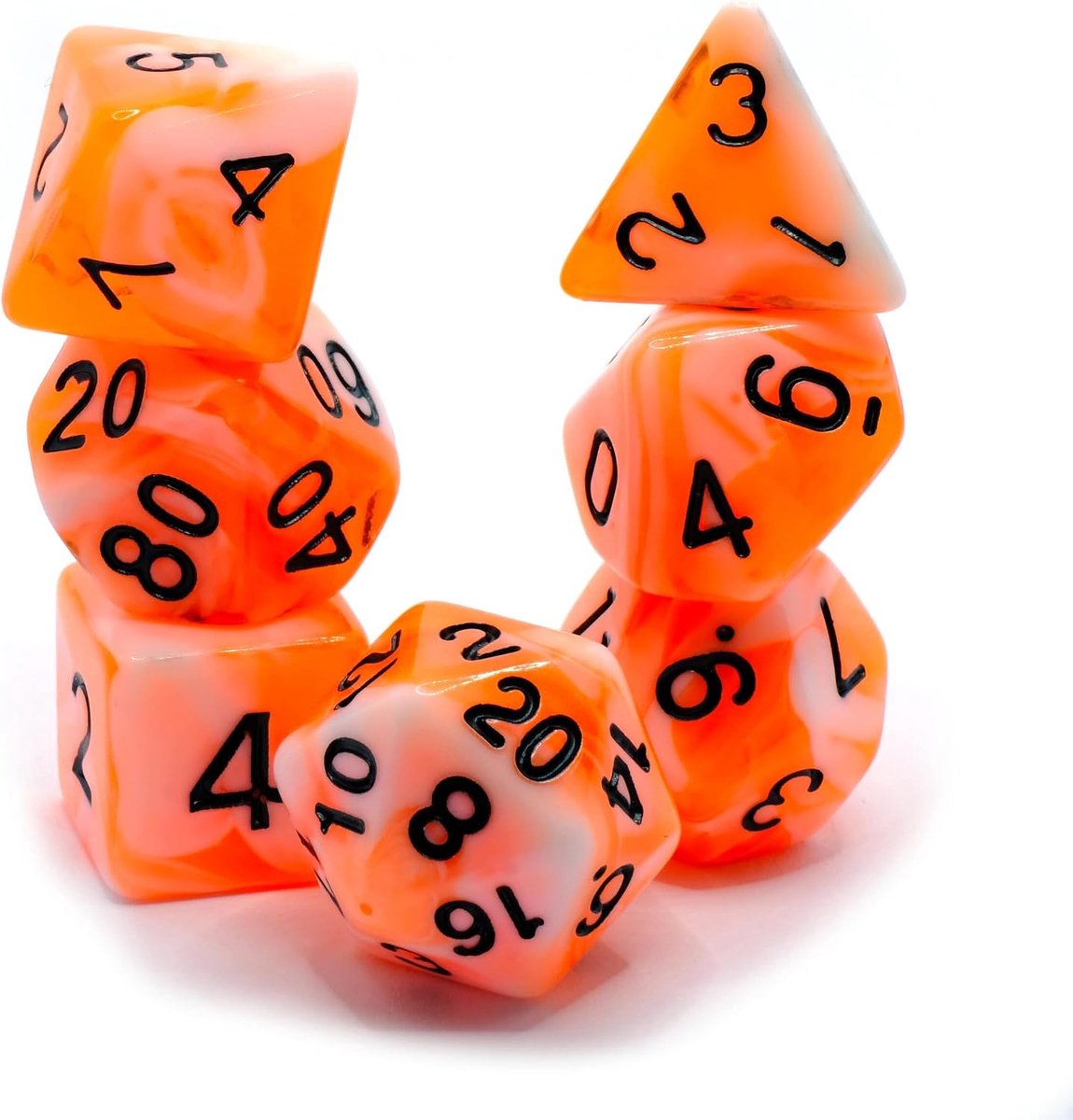 Orange Juice Cow - Polyset Dice - Polydice - Orange White Mother Of Pearl Marble and Black - Dice Set Of 7 Pieces - ShopVlot