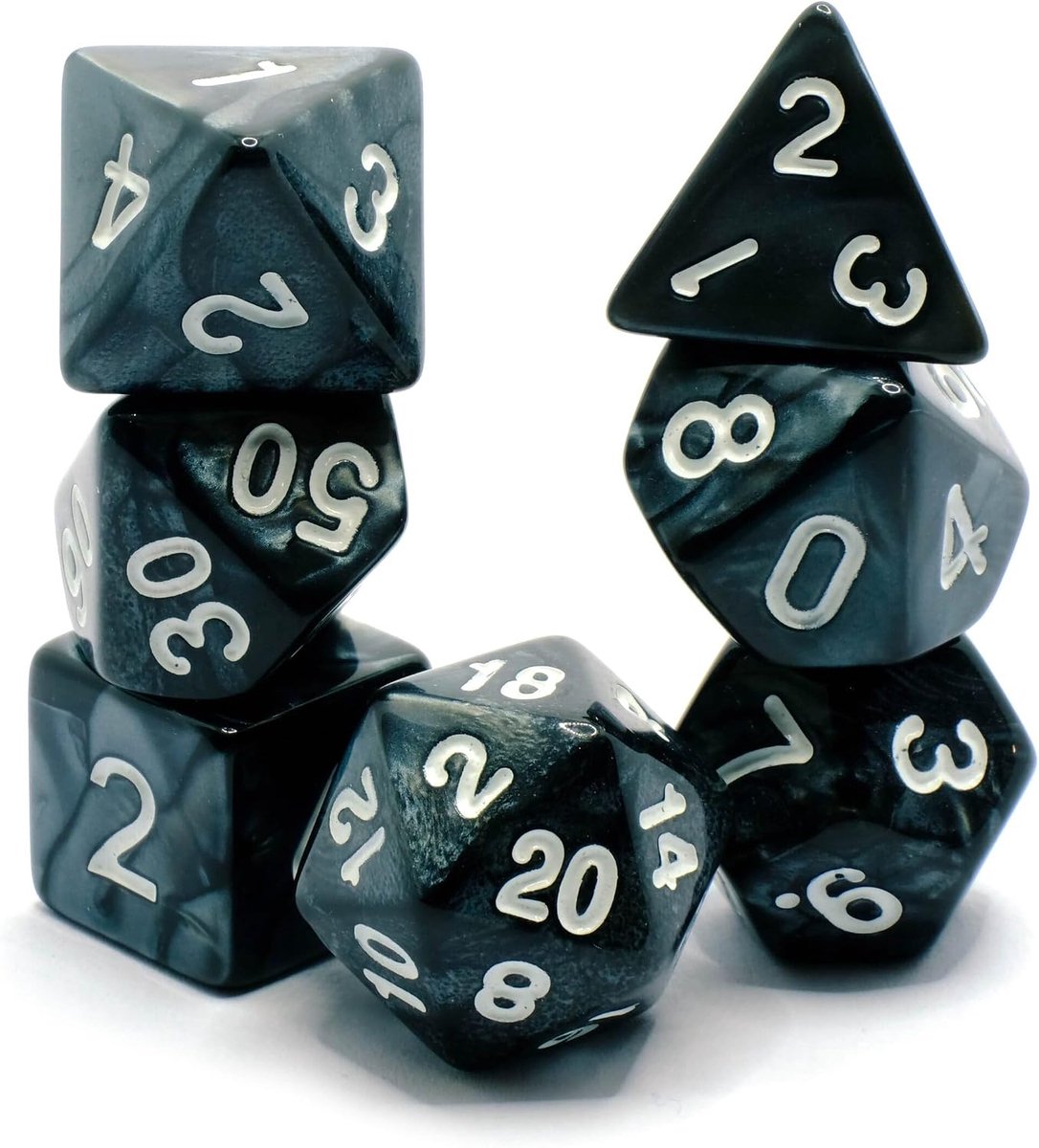 Onyx - Polyset Dice - Polydice - Black Pearlescent Marble and White - Dice Set Of 7 Pieces - ShopVlot