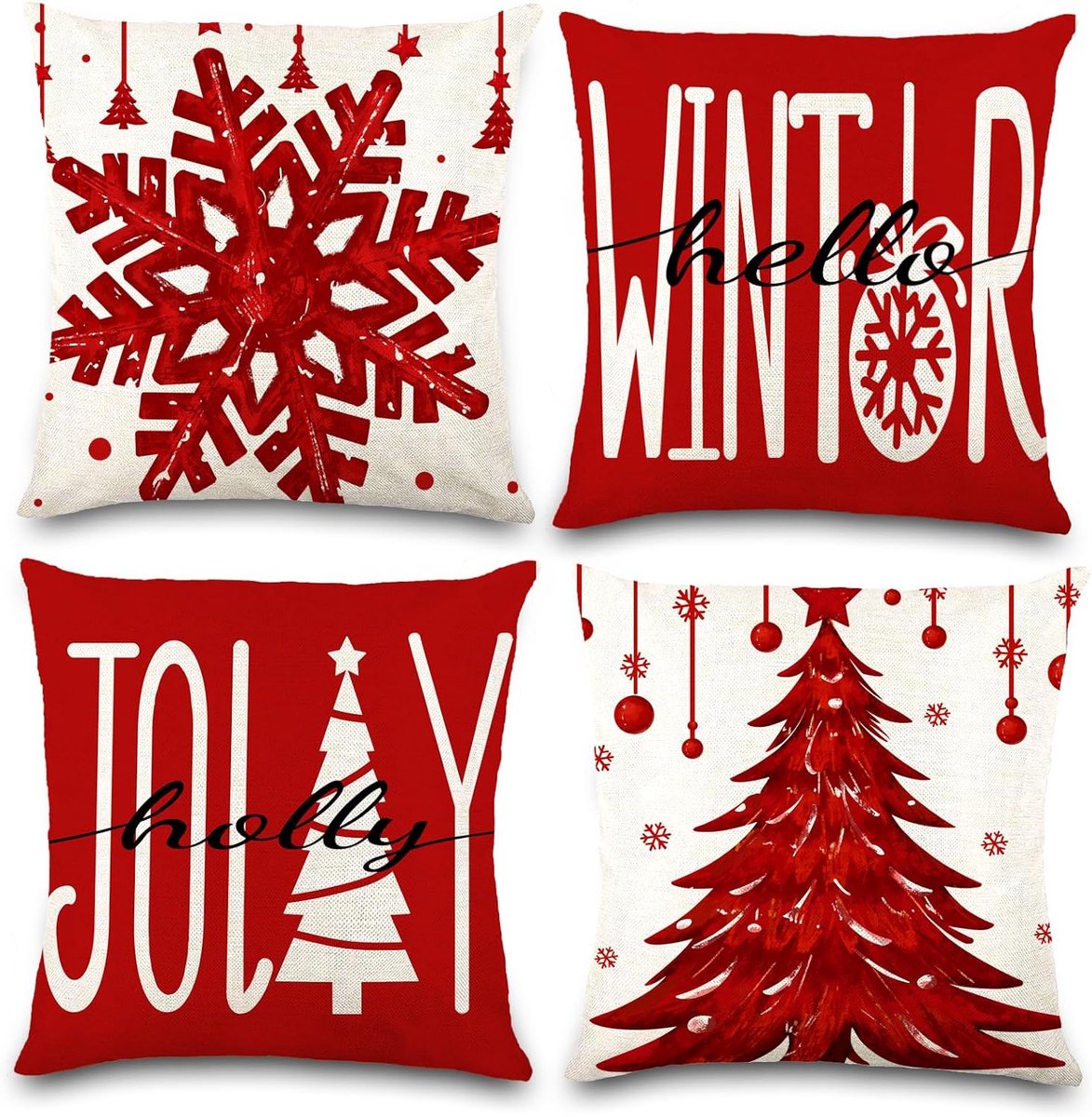 DIYDEC 4 Pcs Christmas Pillow Cases 18x18 Inch Winter Throw Pillow Covers Red Christmas Tree Snowflake Pillow Cases Hi - ShopVlot