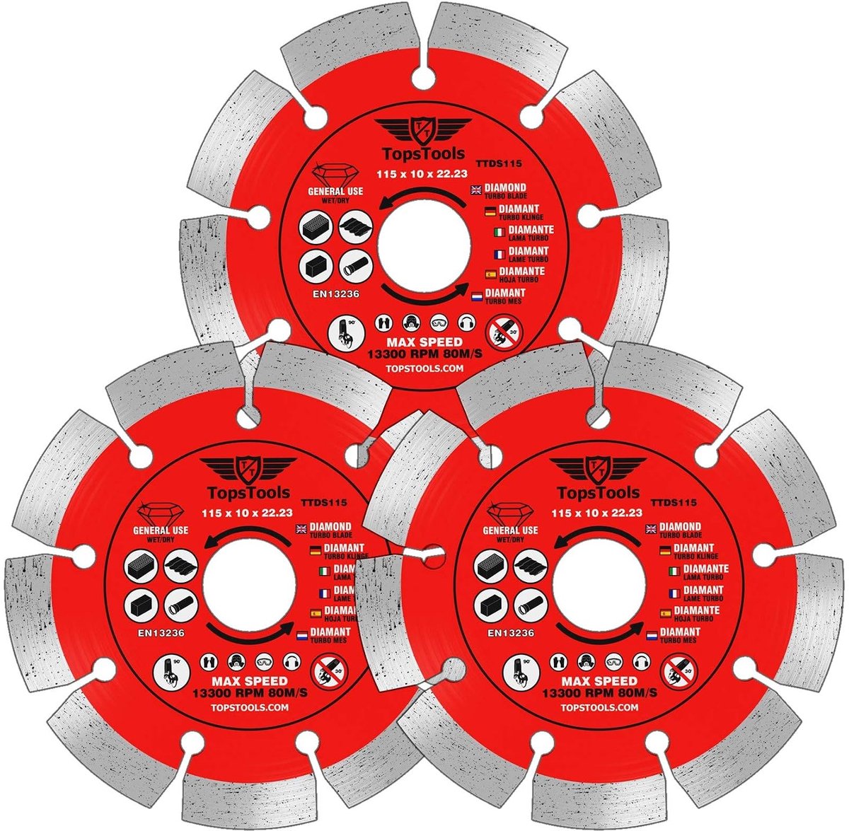 3 x TopsTools TTDS115_3 115mm (4.5 inch) x 10mm x 22.23mm bore segmented diamond angle grinder circular saw blades - ShopVlot