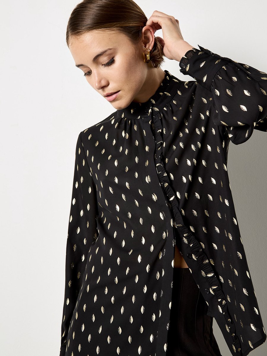 Chiffon blouse met ruches en goudfolie