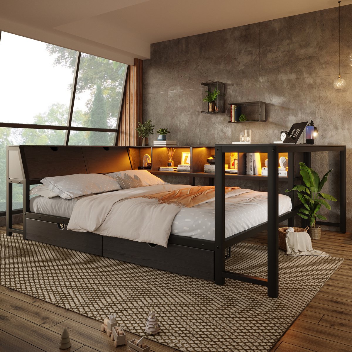 STILVORA Multifunctioneel Bed 140x200 cm - Metaal En MDF - Met Bureau, Opbergruimte En Lades - Zwart - Zonder Matras