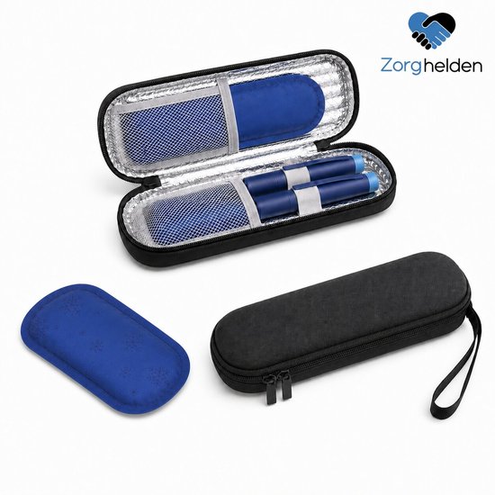 Zwarte etui met twee blauwe insulinepennen, een koel-element en twee blauwe icepacks met sneeuwvlokpatroon.