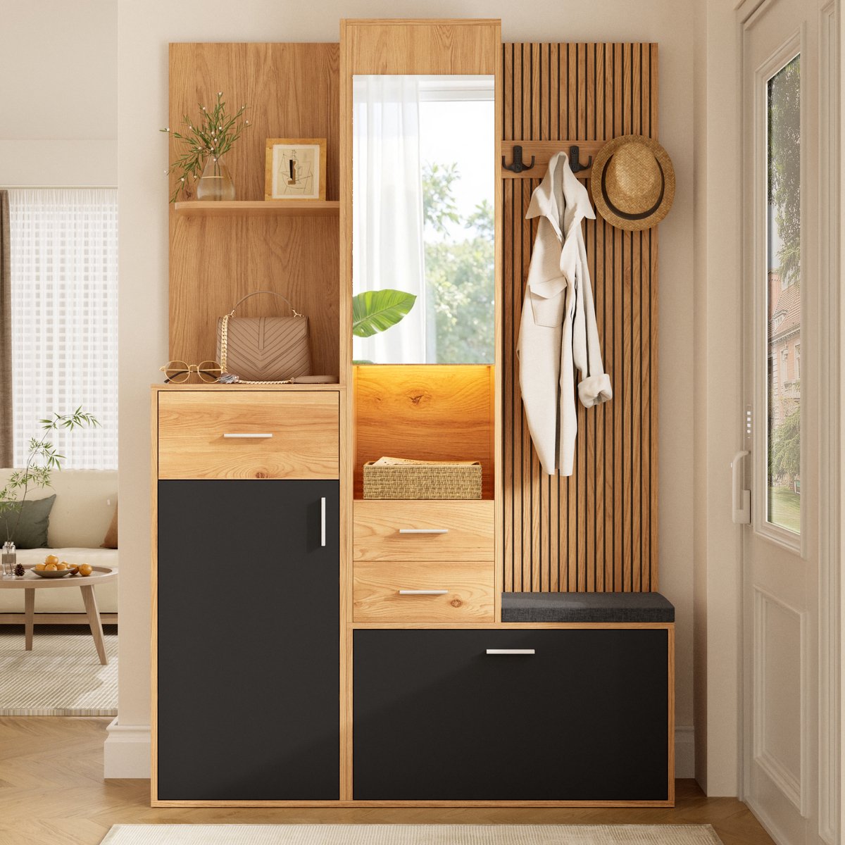 MIVRAY Schoenenkast - Multifunctionele Kompaktgarderobe Met Spiegel En Zitbank - Voor Hal En Entree - MDF En Spaanplaat - Zwart En Naturel