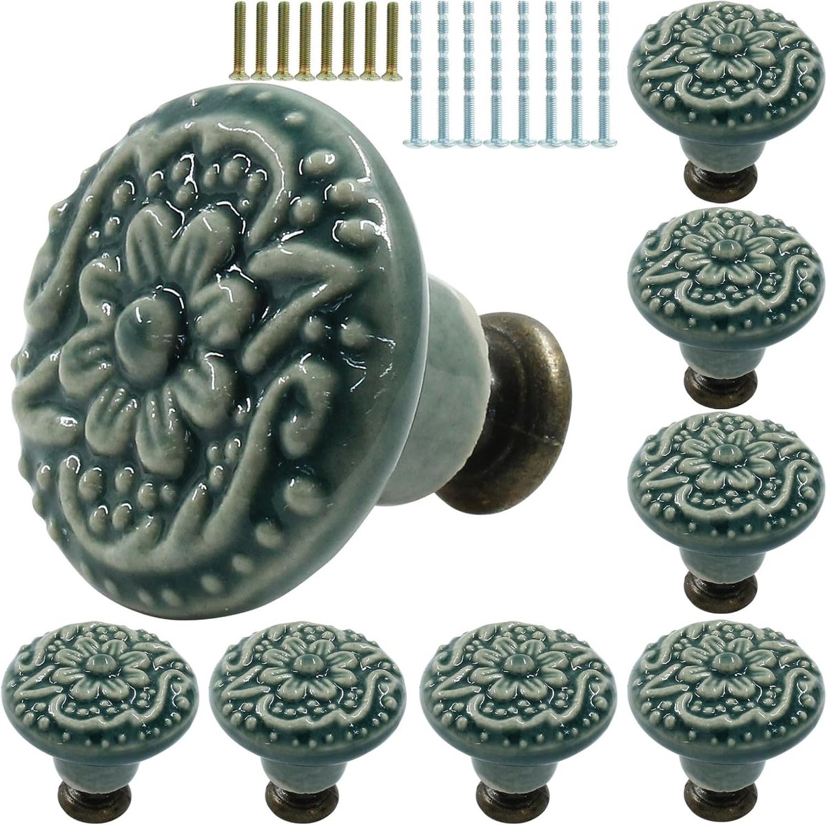 KZQ Set van 8 groene keramische knoppen in retrostijl – Decoratieve knop voor keukenkastjes – Vintage keramische knop voor kaptafel – Inclusief schroeven – Geschikt voor meubels, kledingkasten, kastjes en deuren