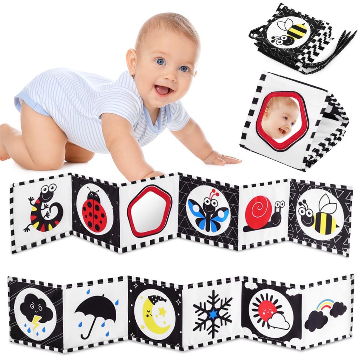Contrastboek Baby – Zacht Stoffen Boek met Spiegel – Zwart-Wit Dubbelzijdig Baby Stofboek – Waarnemings-Leerspeelgoed – Leerspeelgoed voor Pasgeborenen – Cadeau