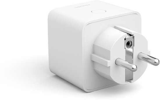 Witte Philips Hue smart plug met type F stekker en stopcontact, aan de voorkant.