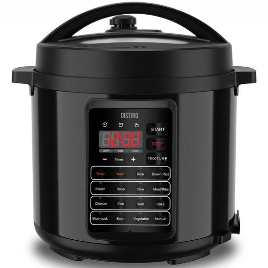 Zwarte DistinQ multicooker met digitaal display en diverse kookfuncties.
