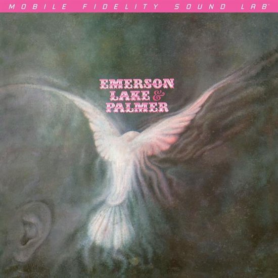 Albumcover 'Emerson Lake & Palmer' met een witte duif met gespreide vleugels op een donkere achtergrond. Tekst: Emerson Lake & Palmer.