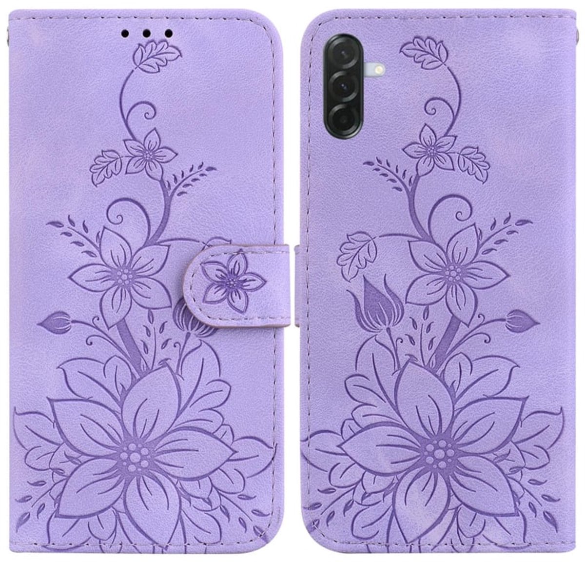 BoekCover Etui Hoes geschikt voor Samsung Galaxy A37 - A36 - A56 - Paars - Lelie - Reliëf