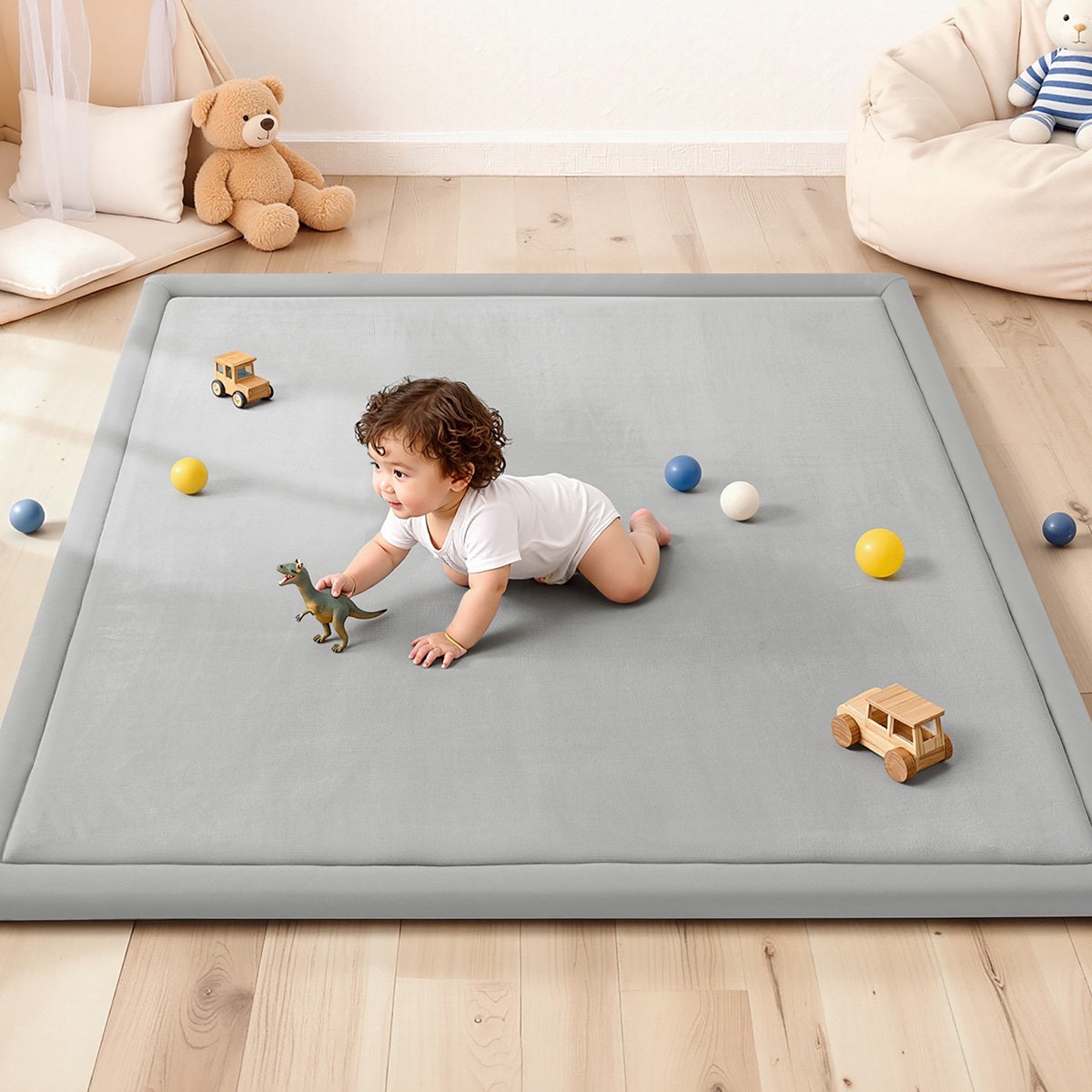 Comomy Baby Speelmat 127 x 127 cm – 3 cm Dik Gevoerd Kruipkleed met Geheugenschuim – Zacht Flanellen Oppervlak – Antislip – Waterafstotend – Lichtgrijs