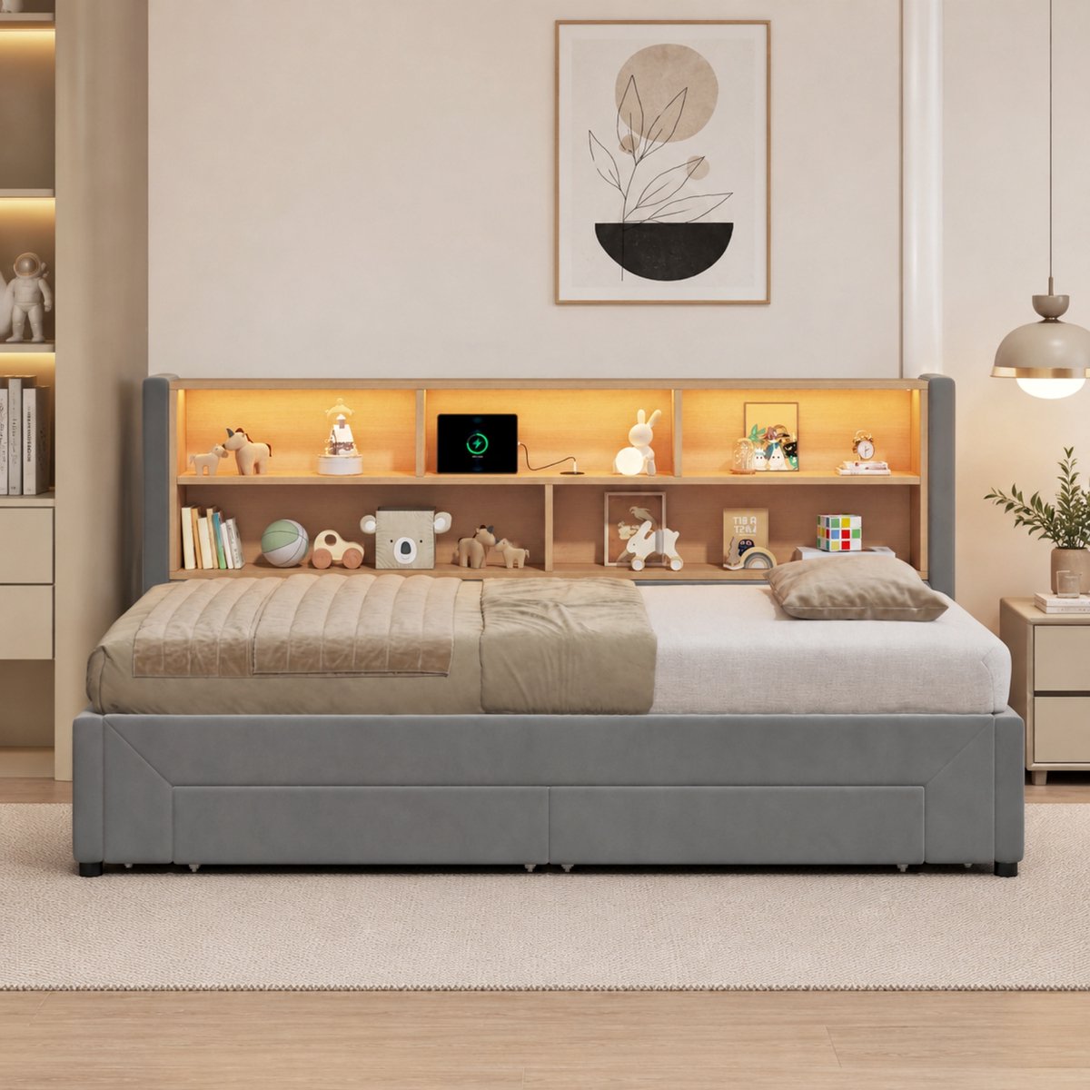Slaapbank - met 2 opbergladen - 90x200 cm - uitschuifbaar bed - met USB-poort en LED-verlichting - grijs - zonder matras