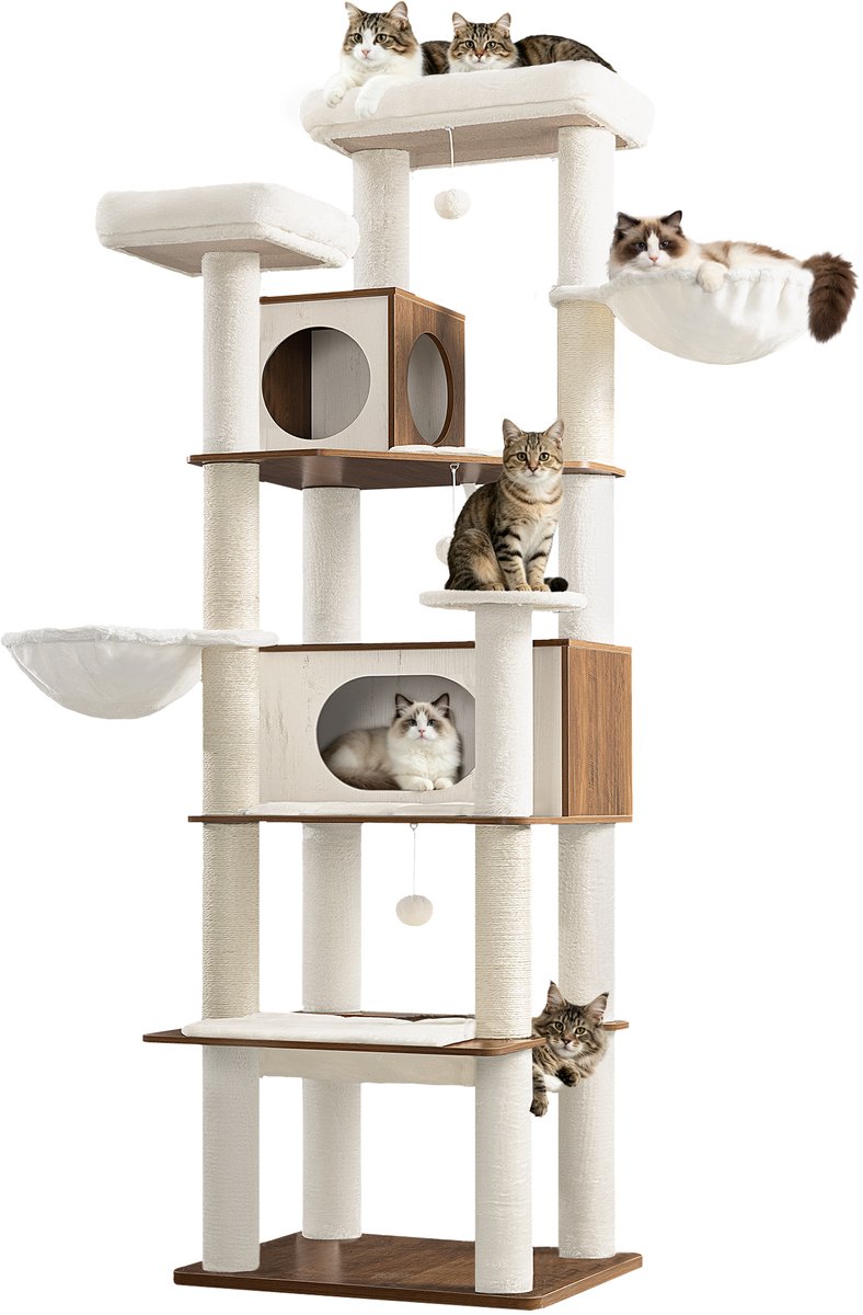 Hzuaneri Kattenboom, 208 cm Kattenkrabpaal in Meubelstijl, Wit en Bruin, Klimtoren met Meerdere Niveaus, Grote Grot en Hangmat, 2 Zitplaatsen Bovenaan, 5 Sisalstokken, 2 Mandjes, Pompons