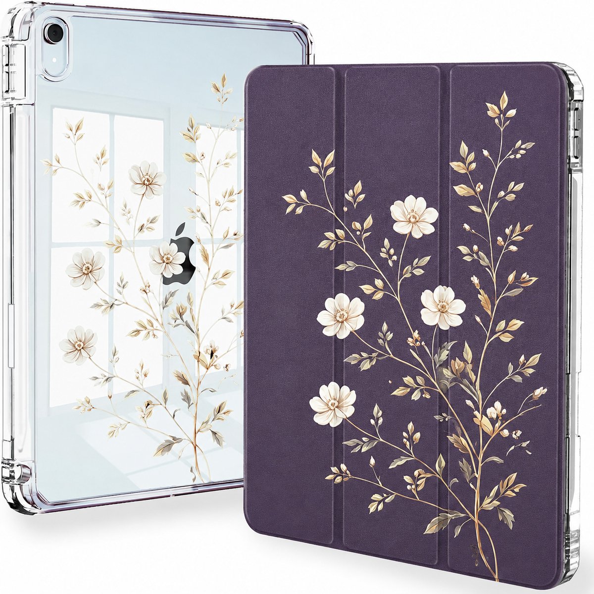 Sounix Tablet hoes geschikt voor Apple iPad 11 (2025) A16 / Apple iPad 10.9 (2022) - Hoesje met Pencil Houder Uitsparing - Witte bloemen