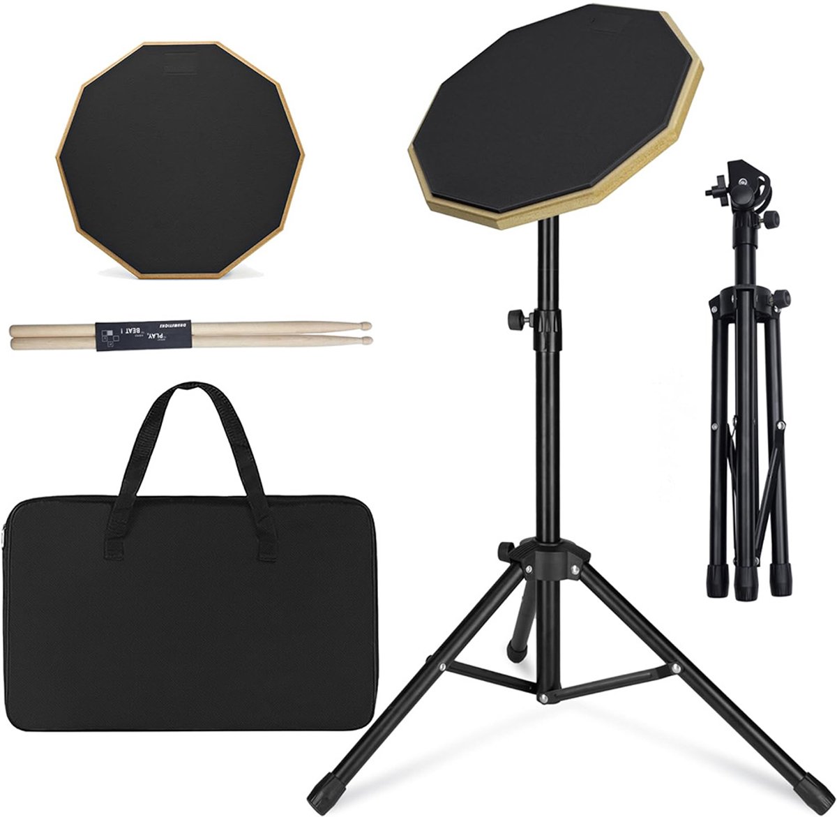 Drumoefenpad met Standaard - Drum Practice Pad Set - Elastisch Siliconen Oefenoppervlak - Geluidsabsorberend EVA en Populierenhout - In Hoogte Verstelbare Inklapbare Standaard - Inclusief Draagtas en 2 Paar Drumstokken - Voor Thuis en Onderweg