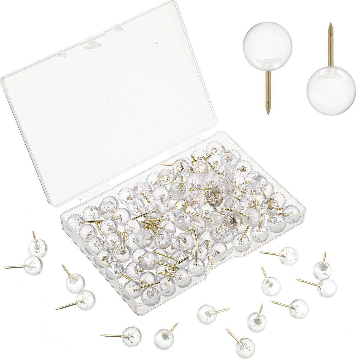 Solidchoice - 100 Stuks Transparante Duimspijkers met Opslagdoos