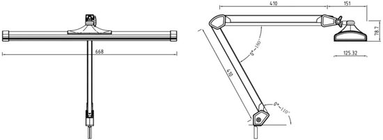 Technische tekening van een zwarte bureaulamp met afmetingen in millimeters.