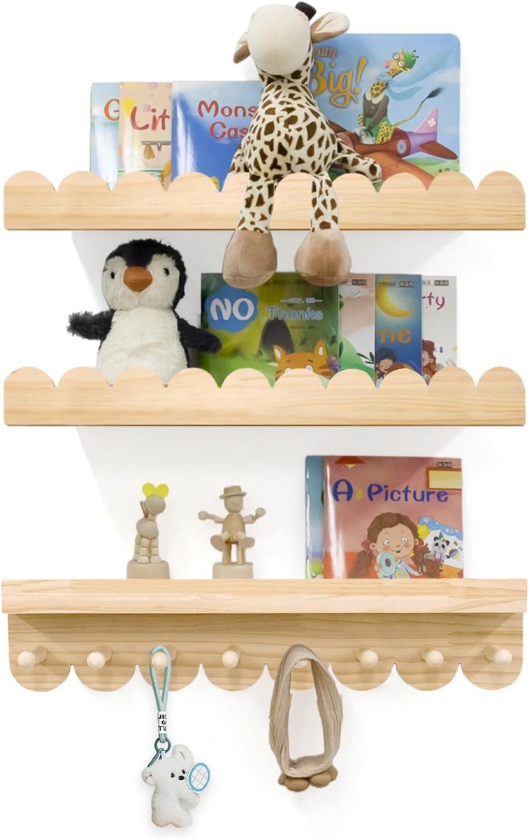 KZQ 3-delige set Zwevende boekenplankenset voor de kinderkamer met haken - Zwevende wandplank - Hangende opbergplank - Inclusief installatieaccessoires - Geschikt voor kinderkamers - 40*12*5 cm