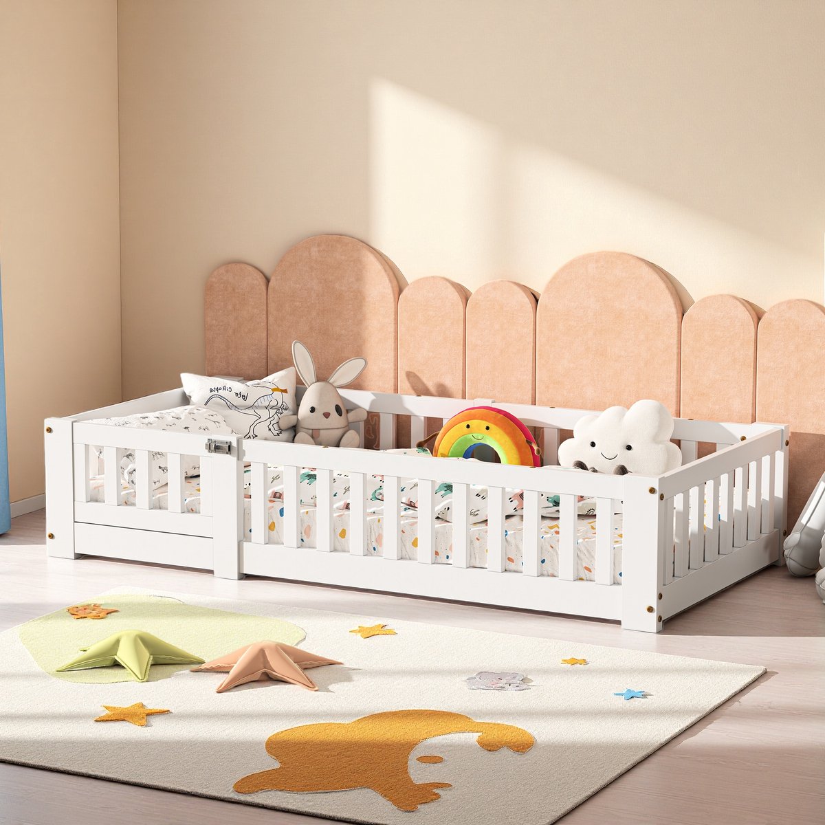 ROSAHQNDA Peuterbed 90x190cm – Vloerbed met veiligheidshekjes – Met deur – Massief grenenhout – Geschikt voor kinderen vanaf 0 jaar – Wit – Matras niet inbegrepen