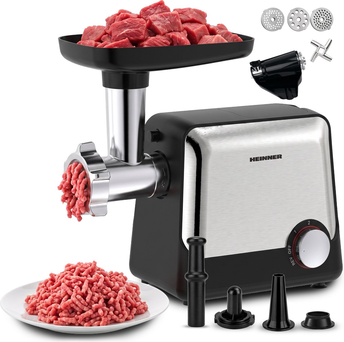 Heinner Elektrische Vleesmolen – 2100 W – Maalcapaciteit 1,8 kg/min – 3 Maalschijven – 2 Snelheden en Reversefunctie – Worst-, Kibbeh- en Tomatenaccessoires – RVS/Zwart