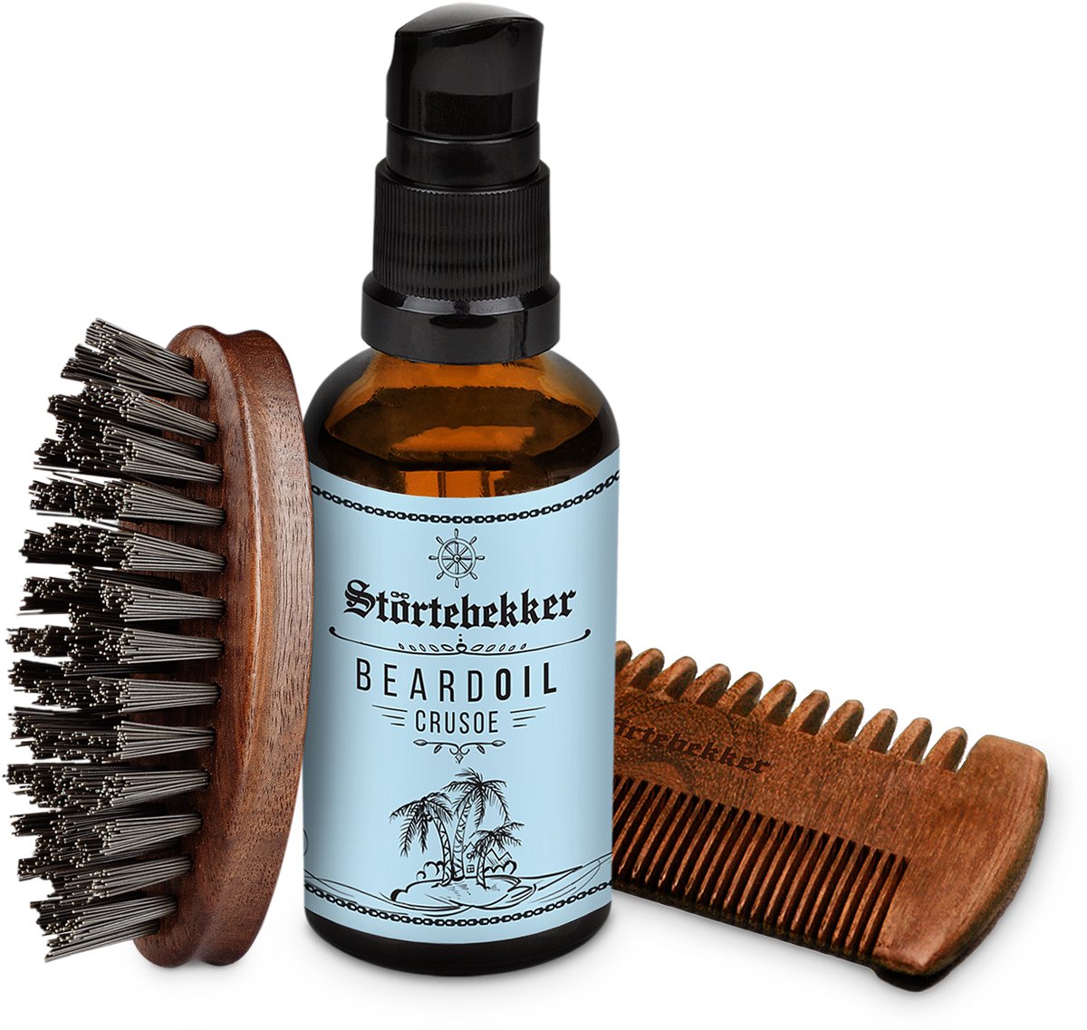 Störtebekker® Premium Baardverzorgingsset Crusoe - Beard Care Set Heren met Avontuurlijk-Frisse Geur - Baardolie, Baardborstel & Houten Baardkam met Leren Etui - Vegan met Arganolie & Jojobaolie - Zonder Parabenen & Siliconen - Cadeau-idee