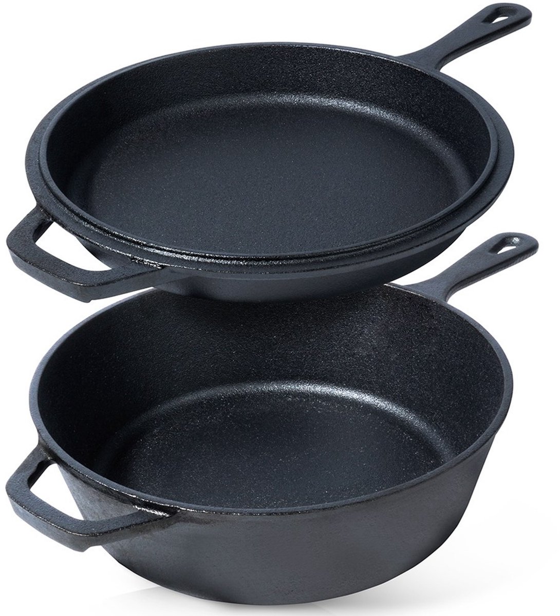 2-delige gietijzeren braadpan met koekenpan voor bakken en braden