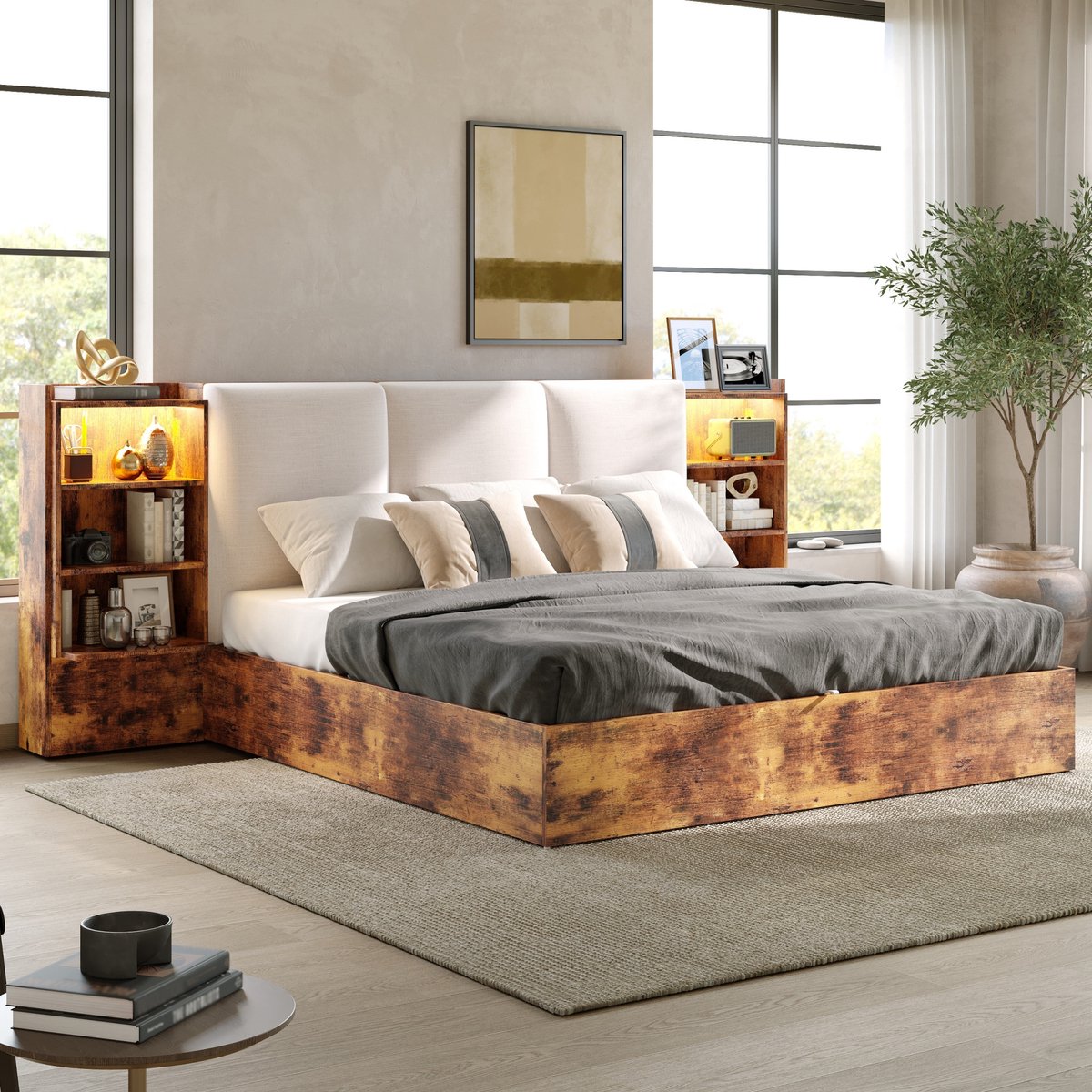 STILVORA Bed 180x200 Cm – Gestoffeerd Hoofdbord Met Verlichting – Hydraulische Opbergruimte En 6 Vakken – Voor Volwassenen – Hout En Stof – Bruin – Zonder Matras