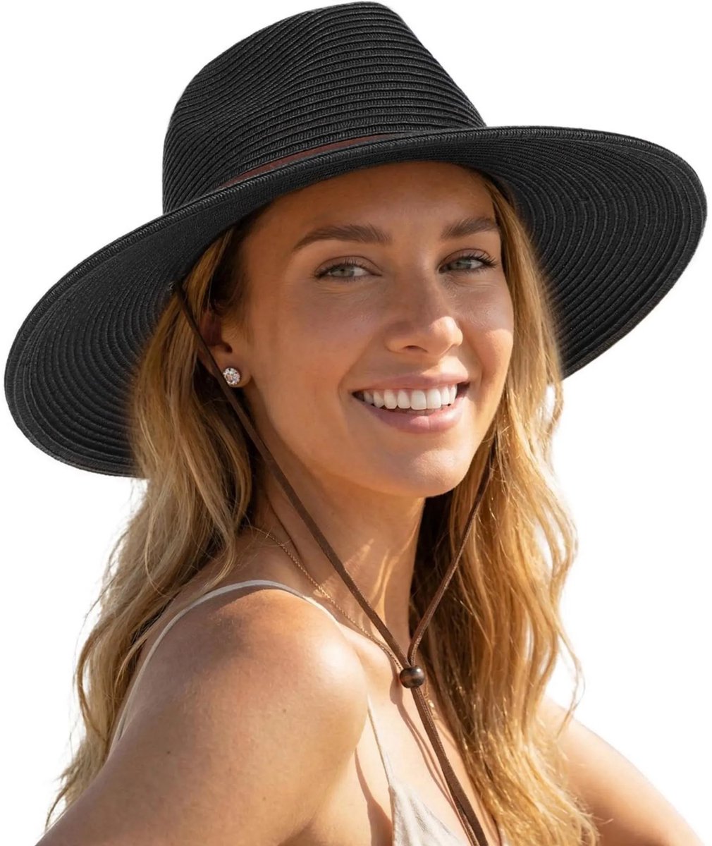 Casalora Zonnehoed Dames – Zwart – Rieten Strandhoed – Strohoed UV Werend – UPF 80+ – Zonnehoed met windkoord – Hoed Verstelbaar & Vouwbaar – 55–58 cm